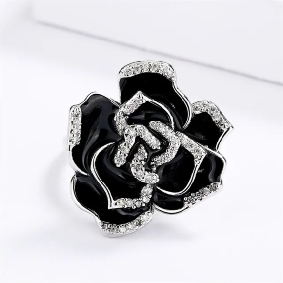 New Sterling Silver Onyx White Sapphire Rose Ring - Picture 7 of 7